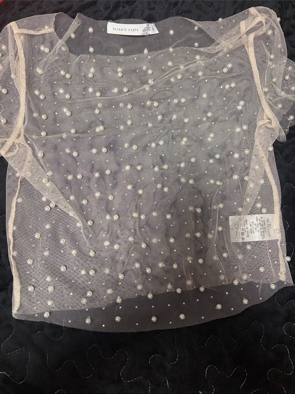 Altar'd State Blush Pearl-Embellished Sheer Mesh Top